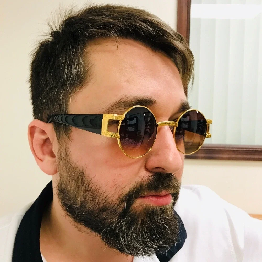 Round Sunglasses Gold Frame Brown Lens Greek Key Accents Men Hip Hop Street Wear